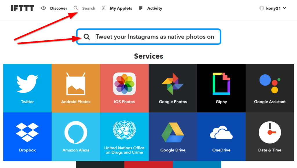 Vyhledání appletu Tweet your Instagrams as native photos on Twitter na IFTTT